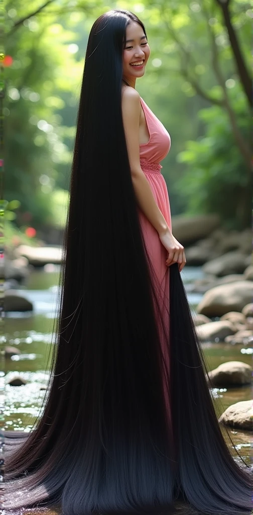 Cute Japanese girl,((full body shot from hair to feet)), ((naked)),(NSFW),with a very large hair bun, the diametre, very large bun, The diameter of her bun is 100 centimeters ,circular bun, shiny black hair, about 8 meters long hair, length knee hair,very shiny hair, loose hair filling the entire ground, the ground is full of her long hair , ((both hands hold long hair)), ((gigantic breast)), large breast,shaggy ,on back yard atmosphere,red rose plant around, laughing,(looking back over shoulder) ,, ((straight hair)), very thick hair,((Thickness of hair is 100 cm)), , , bright sunlight from side,