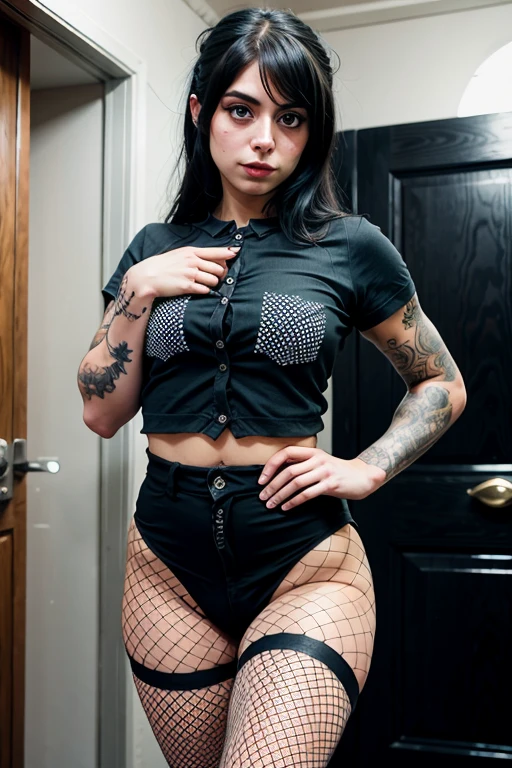 black hair, blue eyes, pale skin, black lipstick, black nails, nude, naked, tattoos, thigh high socks, fat ass, legs spread