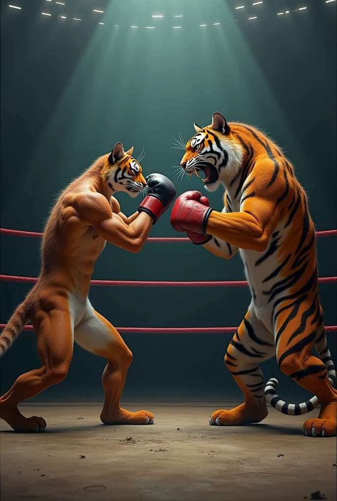 "Epic anthropomorphic boxing match: a muscular cat in medium red pants, on his raised hands a sleeping tiger, amazement." 8k, high resolution