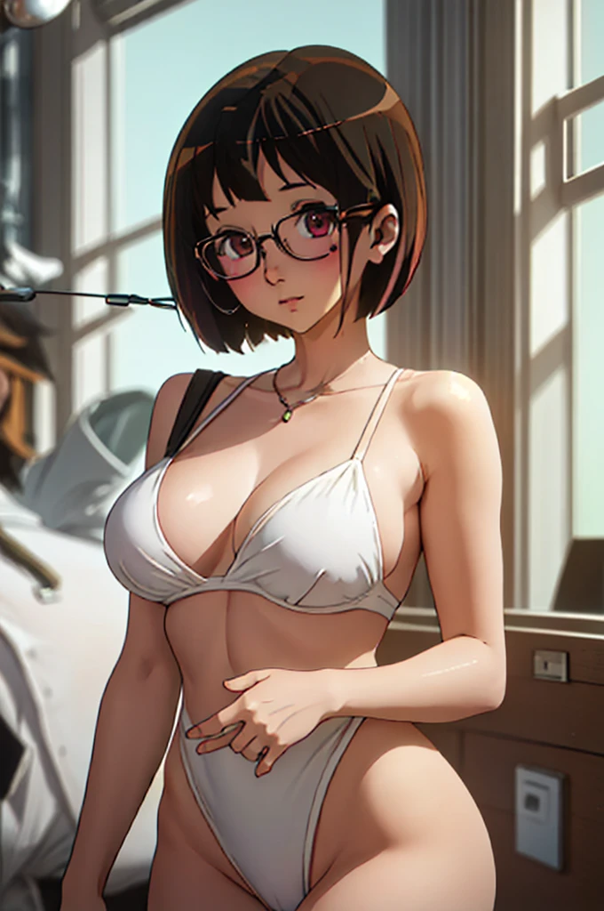 One beautiful girl, Large Breasts:1.6, Big Breasts, Emphasizes the fullness of the chest, Detailed face, Detailed eyes, Highest quality, Glasses, low length, Completely naked, nsfw, Short Hair, 