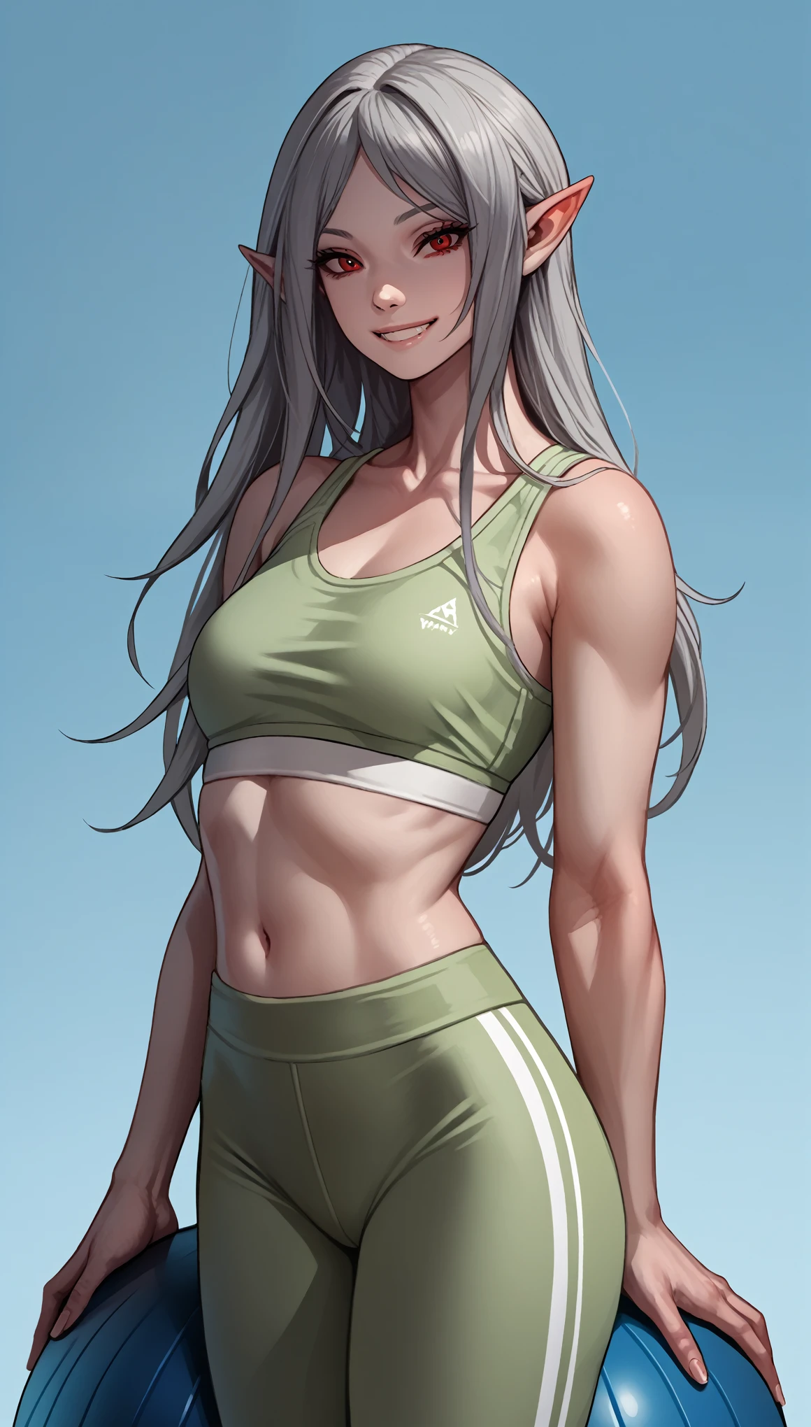 score_9, score_8_up, score_7_up, score_6_up, score_5_up, score_4_up, BREAK source_anime, source_anthro, rating_safe, [rating_explicit],

alice,vampire,grey hair, long hair, red eyes, pointy ears, small breasts,, best quality, photorealistic, yujiasuit, yoga sports bra, yoga pants, 1girl, solo, , yoga ball, pants, looking at viewer, smile, green sports bra, simple background, , midriff, long hair, breasts, green pants, sportswear, tank top, upper body,