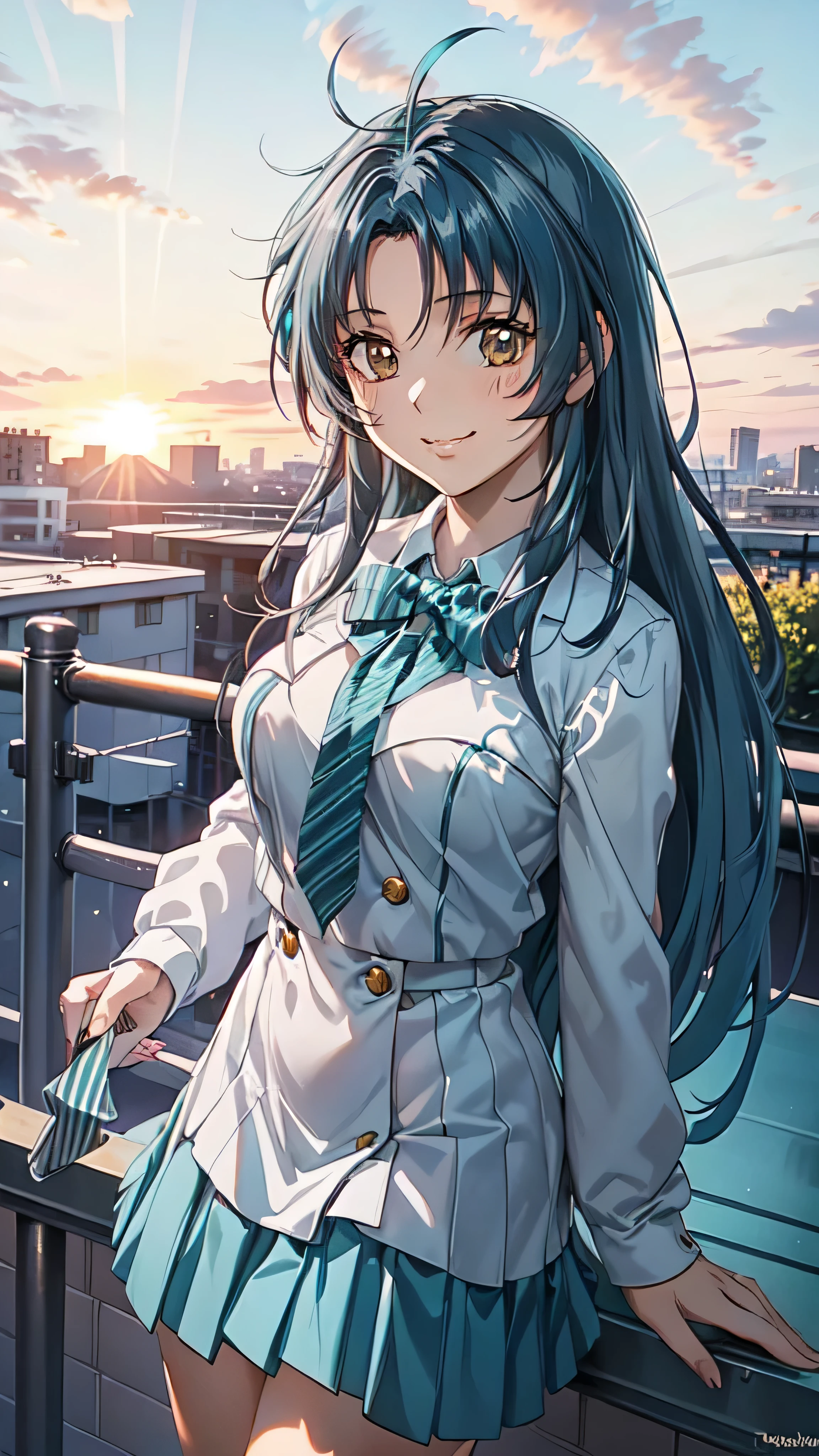 kanamechidori, (masterpiece, Highest quality, beautifully、beautiful:1.3), (teenager), One girl,alone, (Cute Smile:1.2), (Silvery darkturquoise hair with steelblue stripes:1.4), (Gradient darkturquoise hair tip:1.6), hair, Ridiculously long hair, Wavy hair, Shining hair, Floating hair, (Deep Brown eyes), Delicate eyes, Brown eyes, Very beautiful eyes, Long upper eyelashes, Compensate, Focus on the face, Very detailed facial, Pretty face, Perfect breasts, Hot body, (Delicate skin texture:1.2), (school uniform:1.1, red ribbon tie:1.1), (Receiving a confession on the school rooftop with the sunset and fence behind me。I got closest to that smile:1.2), Very detailed, gravure, (cinematic angle:1.2),