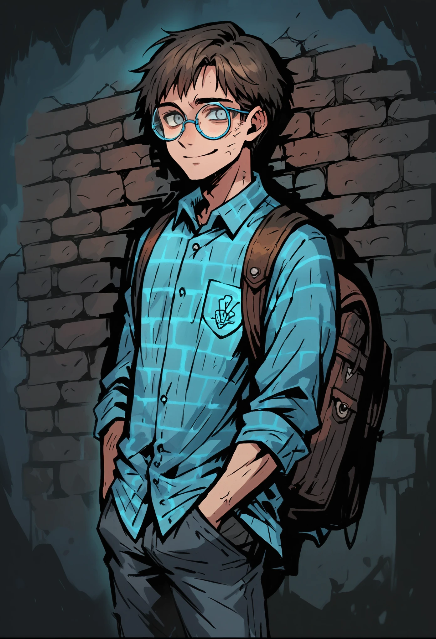 Medium close-up of a pale, slender schoolboy, brown-haired, korean perm hairstyle, straight black hair, contrast blue-gray eyes. He has uncomfortable smile expression, looking directly at the viewer, with a finely detailed, ultra-clear face. Hands in hands in pants pockets. He wears oversized round glasses and a clean nvay blue plaid shirt. Leather backpack. The background features a weathered brick wall with navy blue neon light, creating dark, atmospheric scene. Highly detailed, inspired by Chris Bourassa's. Dramatic lightning, navy blue neon behind. Somber character design with thick outlines.
