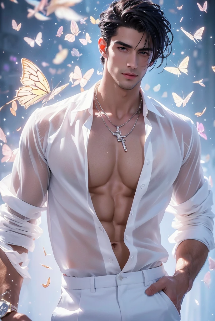 (absurdres, highres, ultra detailed), a tall handsome muscular young man, solo, beautiful detailed eyes, beautiful detailed lips, extremely detailed eyes and face, smooth skin, a hot glow in his skin, perfect body, large chest, extremely large breasts, big nipples, sexy gaze, looking at the viewer romantically, sexy expression, sexy posture, short hairstyle, ((wearing (white color exquisite shirt) and black pants, jewellery, necklace), (open shirt showcasing chest and abs)), beautiful, gorgeous, wet, sensual, alluring, erotic, mature, butterflies on his body, butterflies flying through the air, gradient background, Sparkle & Sequin Backdrops, vibrant colours, breathtaking grandeur, model pose, colorful, artistic, focus on his calm facial features, elegant look, full length portrait,