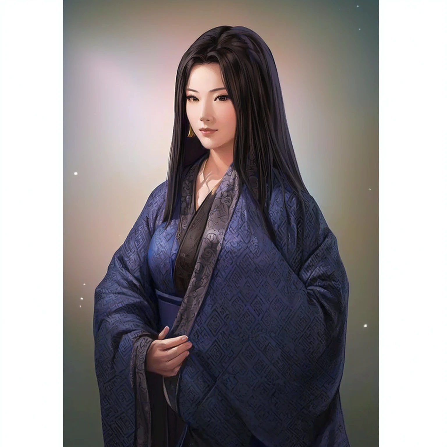 Wearing a blue kimono、Oil painting of a woman wearing a black shawl, Portrait of Mulan, Fantasy Character Portraits, Beautiful character painting, Portrait of a female mage, Artistic portraits, Inspired by Wu Li, Inspired by Ju Lian, Inspired by Yin Dourui, Inspired by Han Gan, Inspired by trees, Detailed portrait of big breasts and cleavage