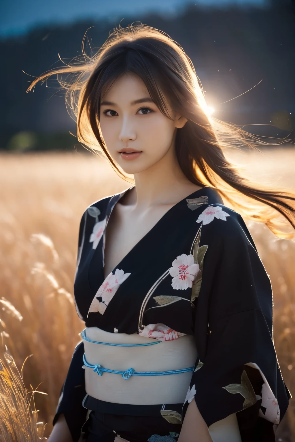 1 girl, (She is wearing a cute yukata:1.2), Very beautiful Japanese idol portraits, 
(RAW Photos, Best Quality), (Realistic, Realistic:1.4), (masterpiece), 
Very delicate and beautiful, Very detailed, 2k wallpaper, wonderful, finely, Very detailed CG Unity 8K wallpaper, Very detailed, High resolution, Soft Light, 
Beautiful detailed girl, Very detailed目と顔, A beautiful and sophisticated nose, Beautiful and beautiful eyes, Cinema Lighting, 
(Standing in a silver grass field on a moonlit night:1.3), (Big Moon), (月明かりに浮かぶ少女のwhole bodyのシルエット), (Dark screen:1.5), 
(Medium Hair), (Hair blowing in the wind), (whole body), 
Complete Anatomy, Slender body, Small breasts