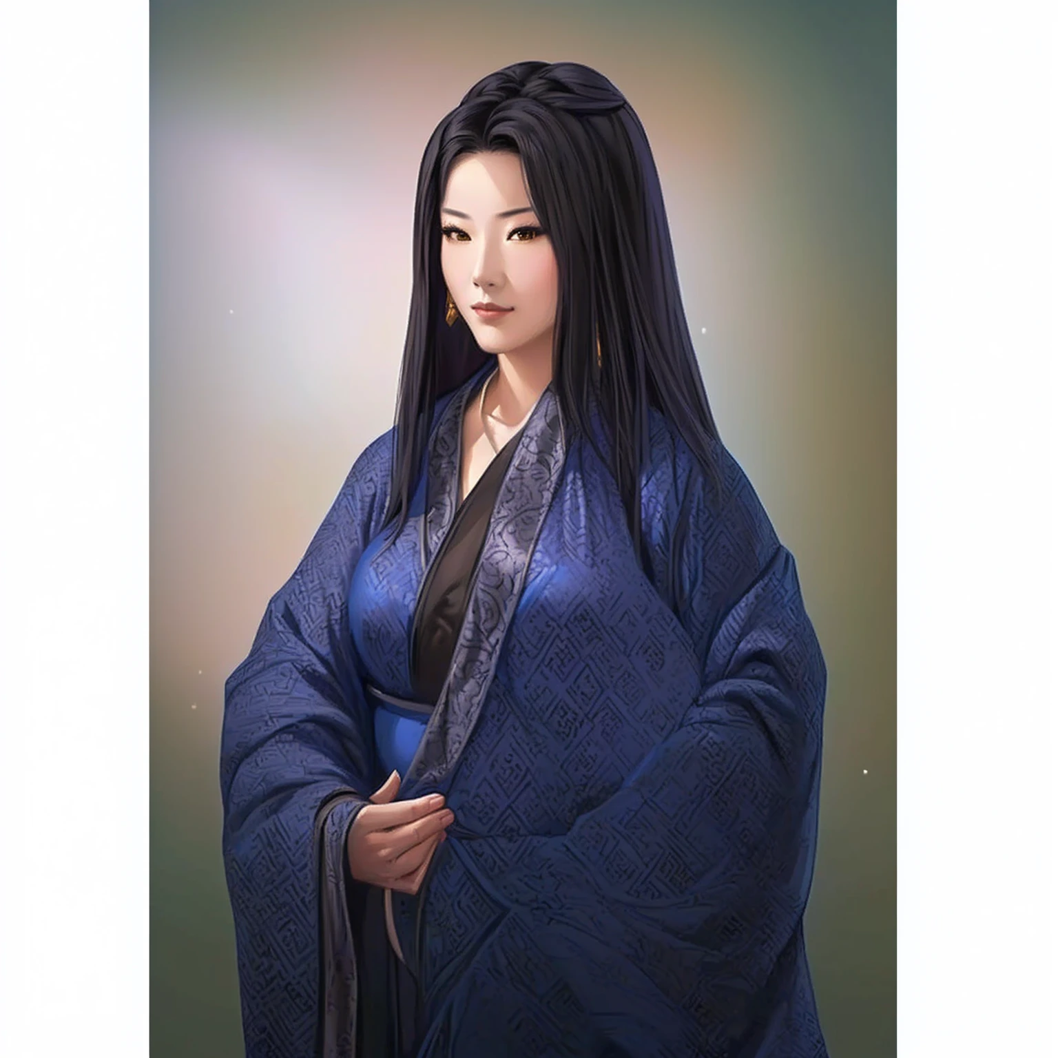 Wearing a blue kimono、Oil painting of a woman wearing a black shawl, Portrait of Mulan, Fantasy Character Portraits, Beautiful character painting, Portrait of a female mage, Artistic portraits, Inspired by Wu Li, Inspired by Ju Lian, Inspired by Yin Dourui, Inspired by Han Gan, Inspired by trees, Detailed portrait of a person with huge breasts showing cleavage