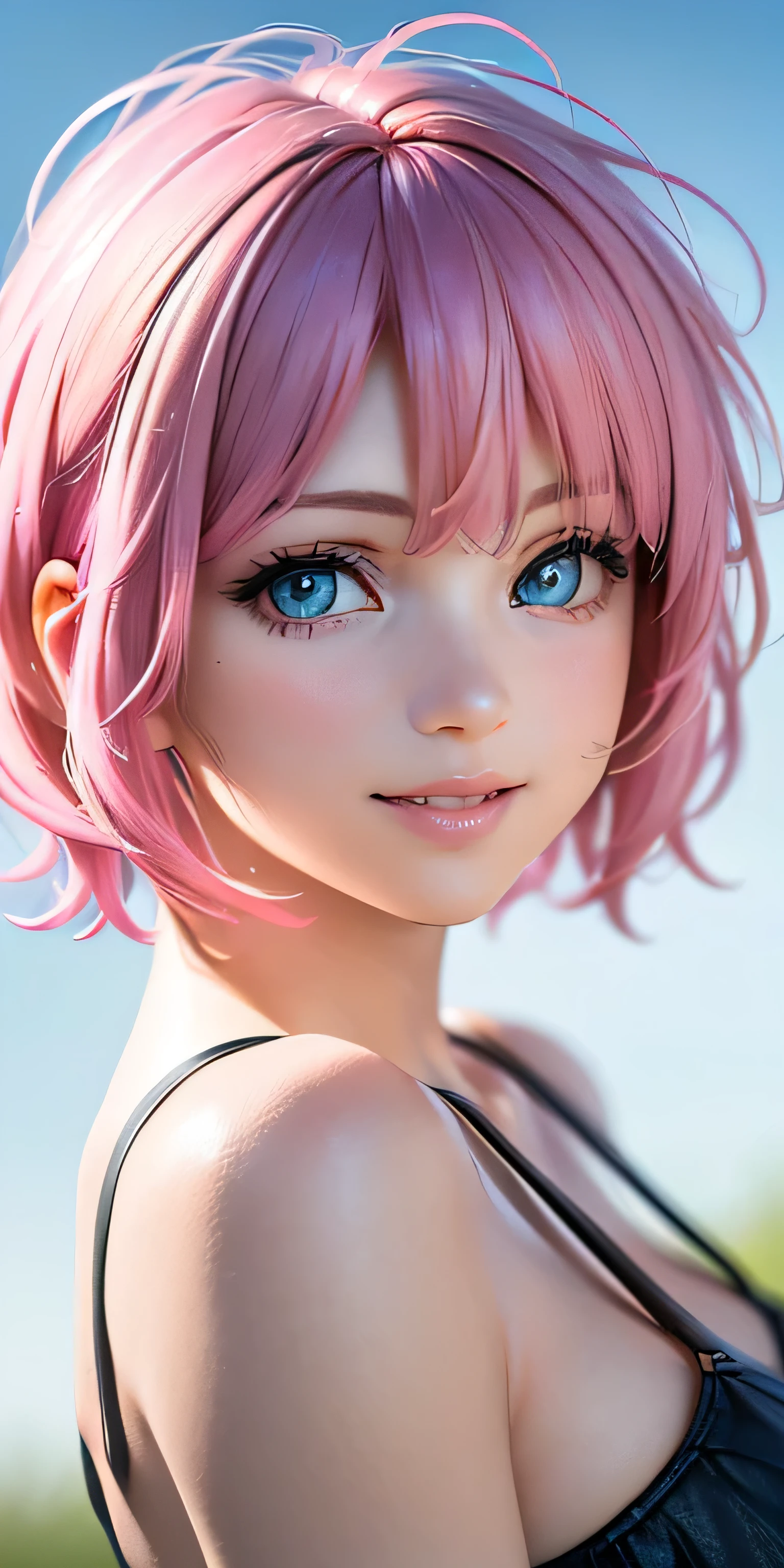 Baby Face, (Pink Short Hair:1.5,Messy Hair:1.5), (photoRealistic:1.8), (masterpiece, Side light, Exquisite beautiful eyes: 1.5), masterpiece*Portraiture, Realistic, 3D Face,(Cute Face),Front view: 1.6、 (Sparkling blue eyes:1.2),Plump face:1.5,(We say:1.5)、(Captivating smile:1.2),Rosy Mouth,Because I&#39;m Slim,Abdominal muscles, Shiny Hair, Brown tanned skin, Glowing Skin: 1.5、Medium chest,Cleavage、alone,(stand)、(Navy blue light swimsuit)、(Character Focus:1.5、Portraiture:1.5、Upper Body),Beach,one-piece tan,