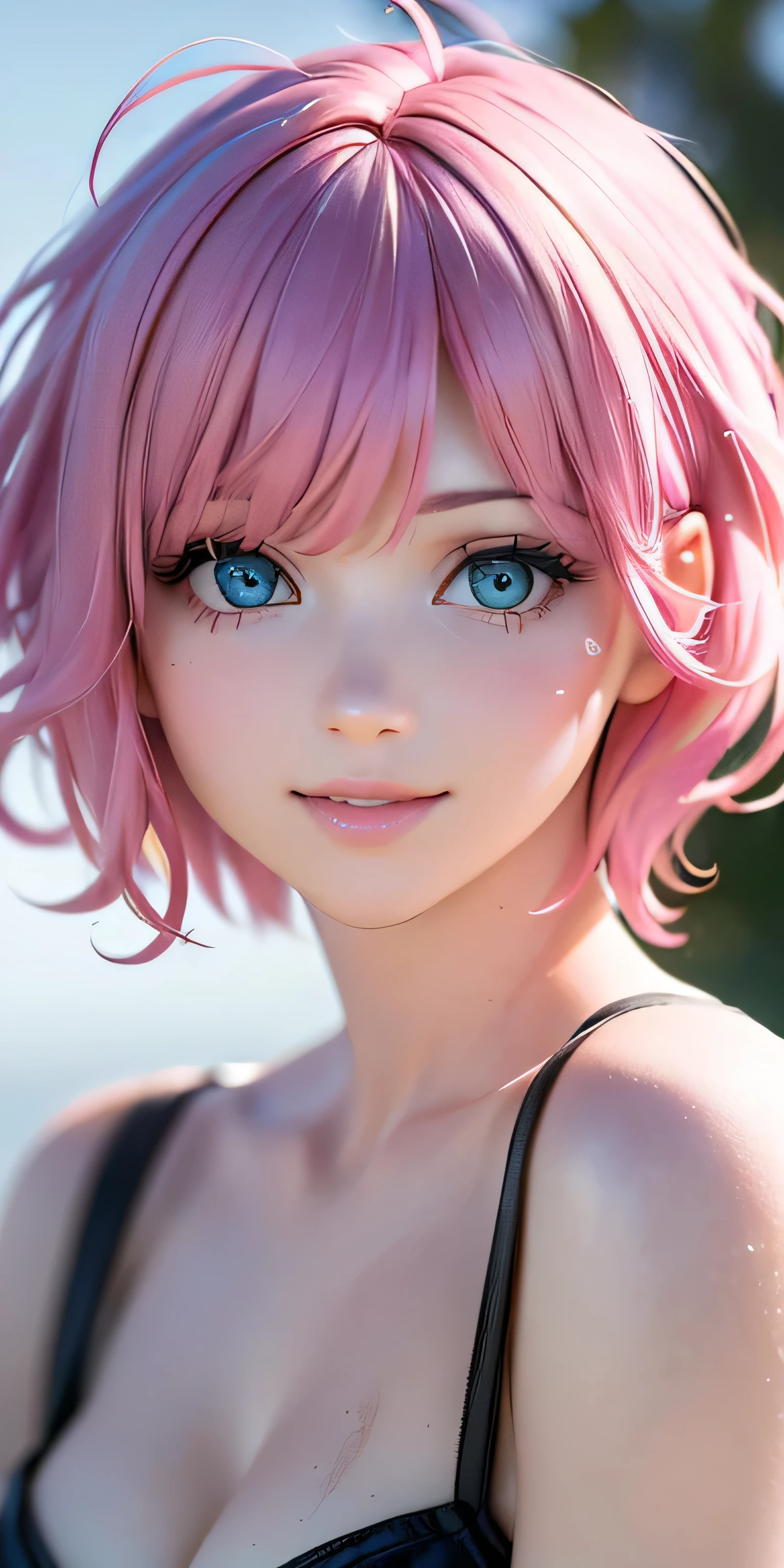 , (Pink Short Hair:1.5,Messy Hair:1.5), (photoRealistic:1.8), (masterpiece, Side light, Exquisite beautiful eyes: 1.5), masterpiecePortraiture, Realistic, 3D Face,(Cute Face),Front view: 1.6、 (Sparkling blue eyes:1.2),Plump face:1.5,(We say:1.5)、(Captivating smile:1.2),Rosy Mouth,Because I&#39;m Slim,Abdominal muscles, Shiny Hair, Brown tanned skin, Glowing Skin: 1.5、Medium chest,Cleavage、alone,(stand)、(Navy blue light swimsuit)、(Character Focus:1.5、Portraiture:1.5、Upper Body),Beach,one-piece tan,