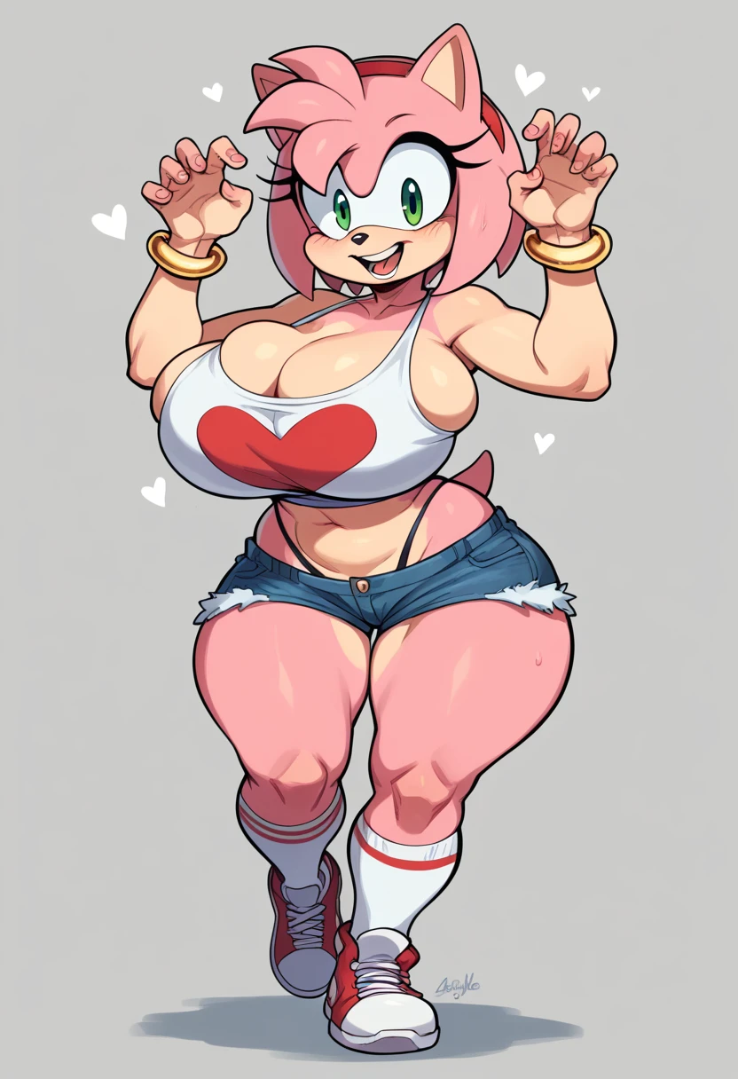 Massive breasts, extra wide motherly hips and huge thighs, makeup, perfect face and eyes, cleavage busting out of her top, amy rose, wearing a croptop tank top, short jean shorts, visible thong straps, thigh high socks, sneakers, golden hoop bracelets, shortstack, heart boob pose.