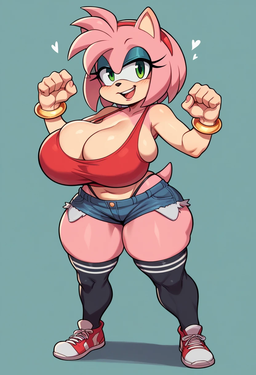 Massive breasts, extra wide motherly hips and huge thighs, makeup, perfect face and eyes, cleavage busting out of her top, amy rose, wearing a croptop tank top, short jean shorts, visible thong straps, thigh high socks, sneakers, golden hoop bracelets, shortstack, heart boob pose.