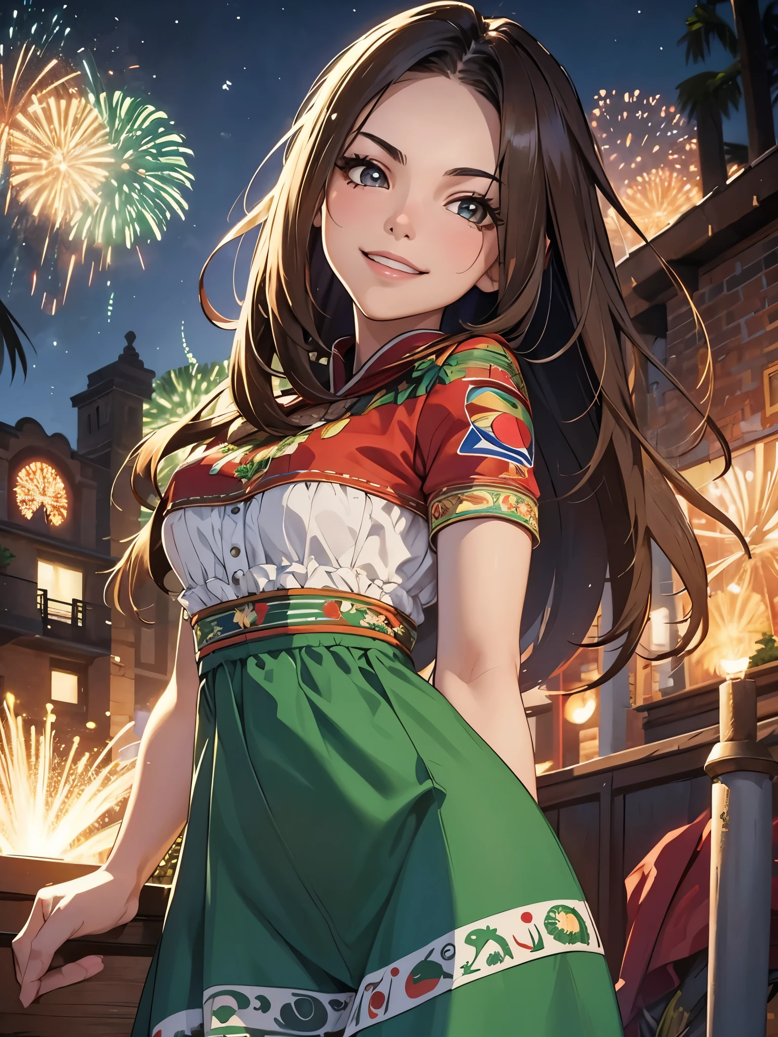 (masterpiece), best quality, expressive eyes, perfect face, selfie, medium long haircut, 1girl in a backyard, looking at viewer, Victoria Justice, brunette, intricated background, traditional mexican dress, big smile, slim body, night time, (perfect hazel eyes:0.8), (detailed eyes:1), fireworks, contrapposto, mexican flag,