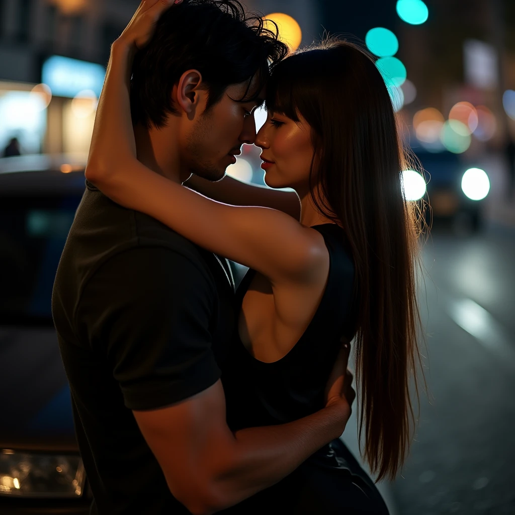 (best quality,ultra-detalhado,fotorrealista:1.37), HDR, cores vibrantes, soft lighting, intimate moment, tons quentes, atmosfera apaixonada, Contemporary painting, arte, urban backdrop, confidence, linguagem corporal, amor jovem, espontaneidade, romance, public display of affection, sexualidade. Sex on the public road,ccasal Negro