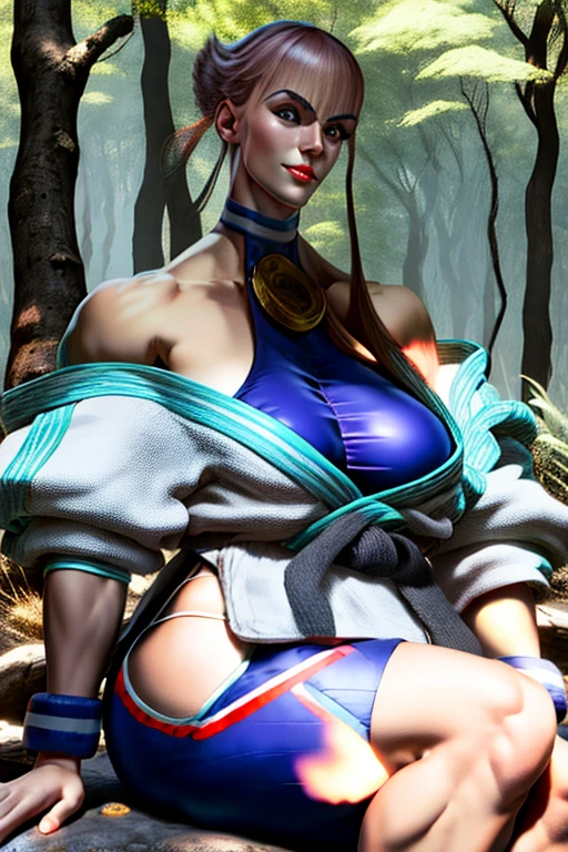 Manon by STF 6, oil painting, Cao Caoly detailed, <xml><input>realistic</input></xml>, portrait, bright colors, soft lighting, (Daster has no sleeves) (best quality, 4K,8k, Cao Cao, work of art: 1.2), (Big, round breasts: 1.5), professional , long black hair, black eyes , beautiful eyes and detailed face, very detailed smile, long eyelashes, sitting on a rock, looking at the observer, very short top, big ass, bare shoulders, outdoor, forests, cowboy photos, clavicles