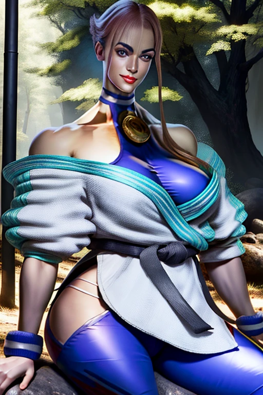 Manon by STF 6, oil painting, Cao Caoly detailed, <xml><input>realistic</input></xml>, portrait, bright colors, soft lighting, (Daster has no sleeves) (best quality, 4K,8k, Cao Cao, work of art: 1.2), (Big, round breasts: 1.5), professional , long black hair, black eyes , beautiful eyes and detailed face, very detailed smile, long eyelashes, sitting on a rock, looking at the observer, very short top, big ass, bare shoulders, outdoor, forests, cowboy photos, clavicles