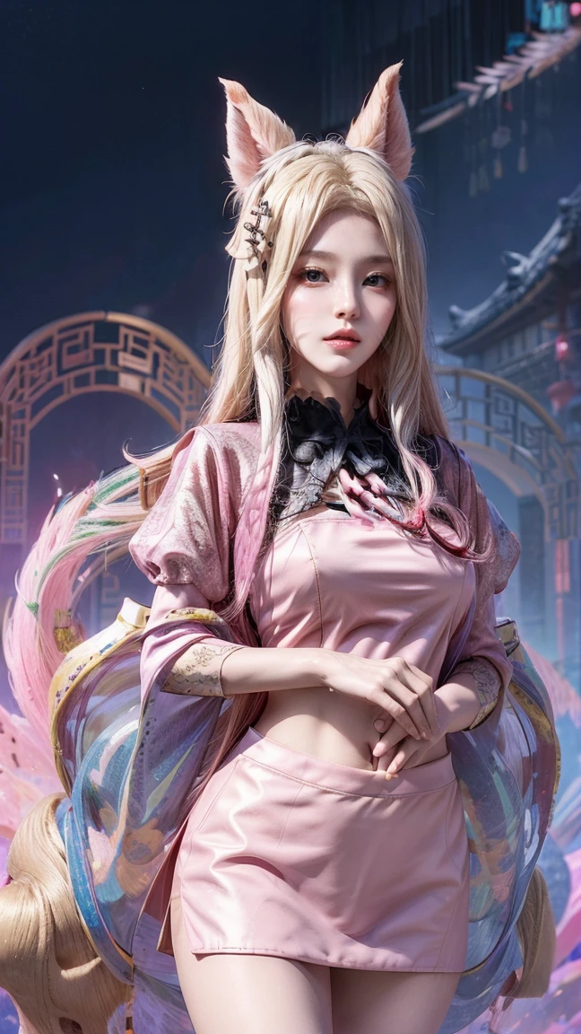 A girl, Pink Chinese Clothing, whole body, Sunlight, Clear face, Lunar New Years decorations background, masterpiece, Super Detail, Epic Composition, Ultra HD, high quality, Extremely detailed, Official Art, 8k wallpaper, Super Detail, 32k