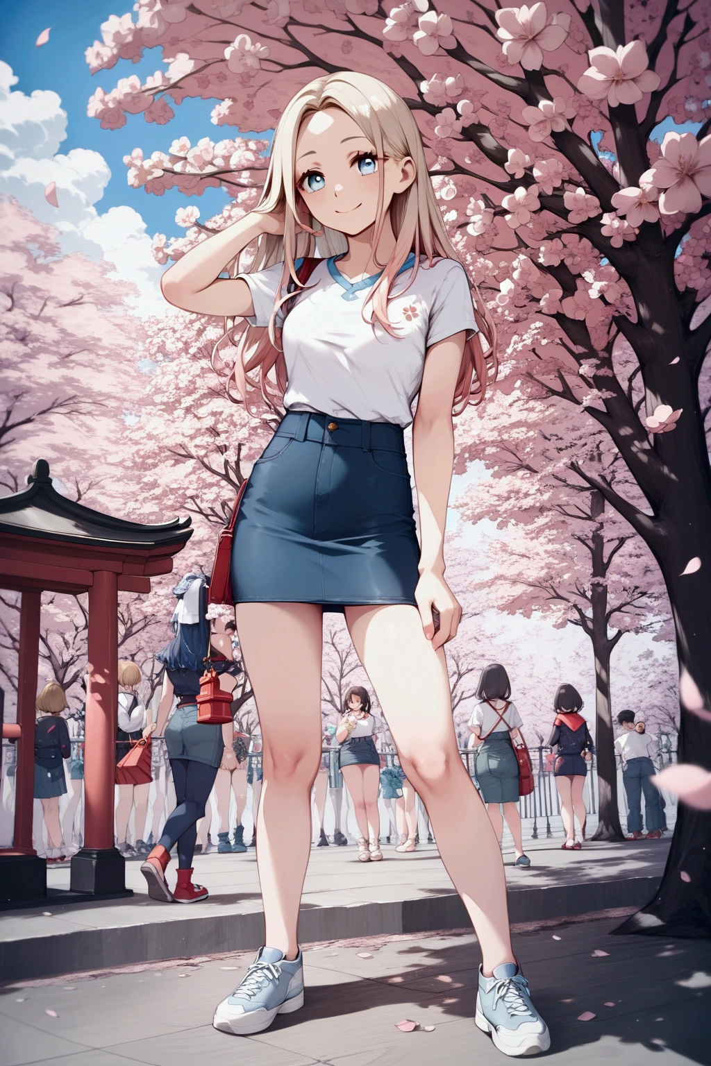 score_9, score_8_up, score_7_up, score_6_up, score_5_up, score_4_up, source_anime,  adorable young woman, smiling under cherry blossom tree,  cherry blossom blooming, she is in black long hair (+forehead, light-brown gradient hair), wears white short sleeve t-shirt, blue denim pencil mini skirt, (1girl, solo, full body), ((masterpiece:1.2), (best quality:1.2), (very aesthetic:1.2), (absurdres:1.2), (detailed background), intricate details, newest)