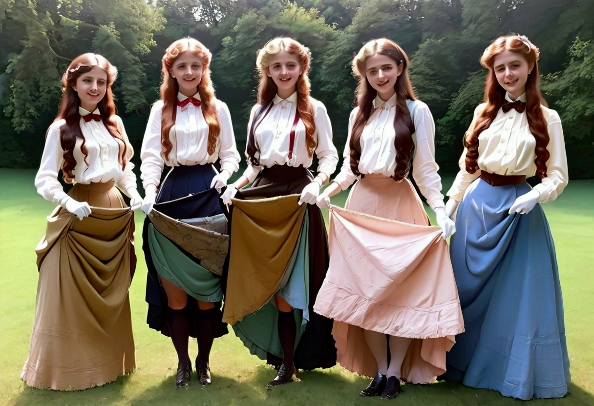 A group of gorgeous teenage girls, of different hair colors, ages 13 to 15, flirting with old perverts in the 1890s, (((pulling up their long skirts, revealing their high-waisted bloomers))). Victorian setting. 1890_dr3ss. Year 1898. Colorful high-collar shirtwaists with puff sleeves, long skirts, elegant hats, ribbon ties or cameo brooches, gloves, petticoats, thigh-high silk stockings with garters and button boots. Big eyes