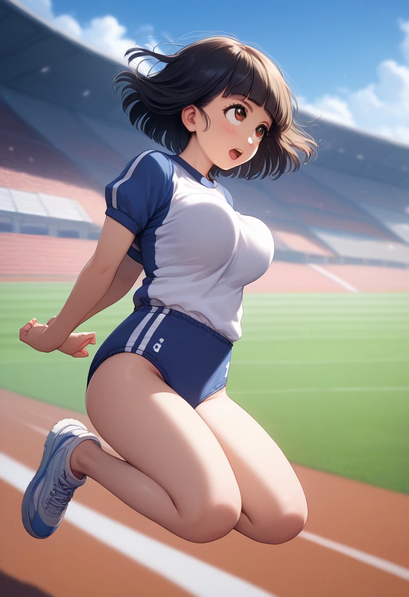 ((Athletess participating in a racing competition):1.0), running girl, masterpiece, best quality, best detail, best proportion, best anatomy, best face, blush, best shaped breasts, very huge breasts, (black short hair) (( japanese lowteen):1.3), ((half body shot):0.9), view from below, ((prosthetic limbs):1.4), ((full nude):1.5), (nsfw:1.1) , cameltoe, sadly, tears, crying, (she is cumming now!), blush, (in a track field (background)), (pubic hair), very wet,