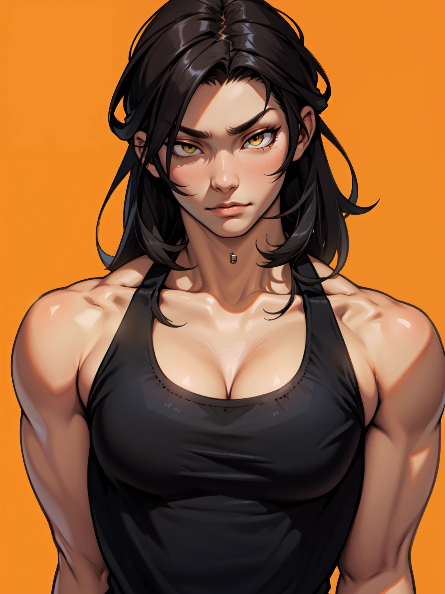 (((((girl))))) (((muscular)))) ((large breasts)) ((thick thick thick)) black hair yellow eyes solo frown close up