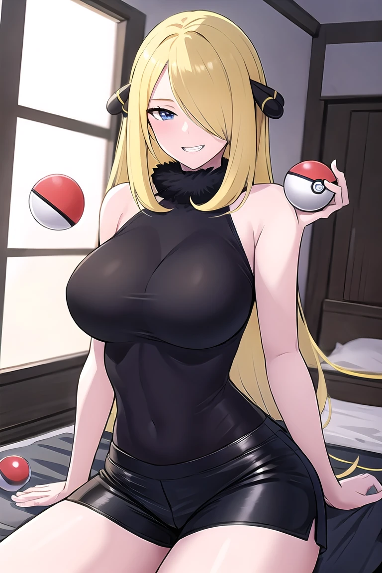 high resolution, detailed, Extremely detailed,
inside the house,
in front, (open leg shot), m-shaped legs,
standing alone, Cynthia (pokemon), sitting, (holding pokeball:1.2),
Perfect athletic body (Big breasts),
shoulder to shoulder, (short top), tight shorts , (short leather shorts),
blue eyes, seductive smile, teeths,
blonde hair, (long hair), hair over one eye, (hair ornament:1.1),
hiper detailed, high quality,
