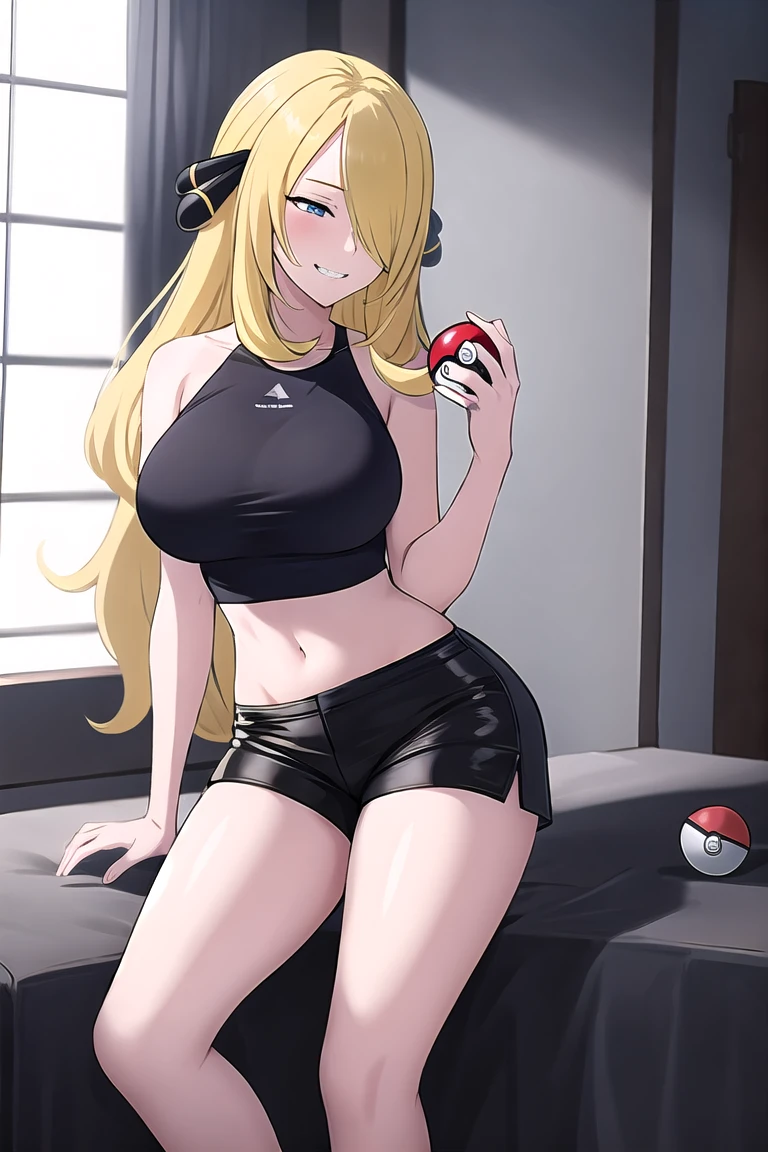 high resolution, detailed, Extremely detailed,
inside the house,
in front, (open leg shot), m-shaped legs,
standing alone, Cynthia (pokemon), sitting, (holding pokeball:1.2),
Perfect athletic body (Big breasts),
shoulder to shoulder, (short top), tight shorts , (short leather shorts),
blue eyes, seductive smile, teeths,
blonde hair, (long hair), hair over one eye, (hair ornament:1.1),
hiper detailed, high quality,
