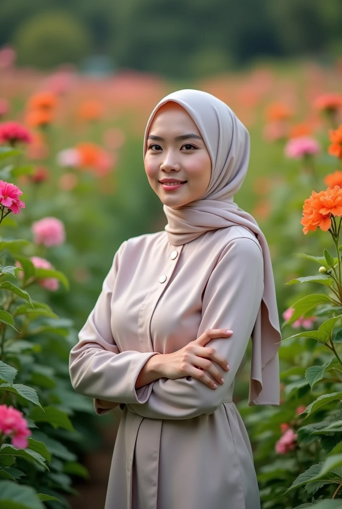 A beautiful and thin chinese adult girl wears floral print lycra turtleneck unitard catsuit and always wear floral print lycra hijab-like hood.She is at office.
