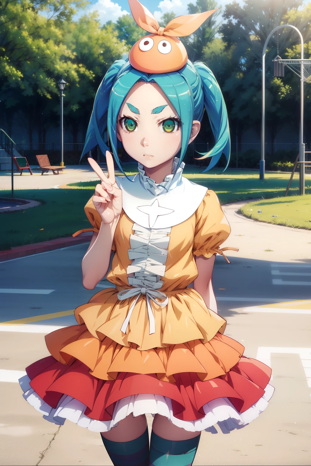 masterpiece、Best Quality、High resolution、Detailed face、((anime、anime塗り、animeカラーリング、RAW Photos、Bakemonogatari、official))、 1girl, Alone, looking at iniewer, ononokiyotsugi, aqua hair, short hair, green eyes, twintails, thick eyebrows, striped pantyhose, blue and gray pantyhose, dress, orange dress, white turtle neck collar, white frills, hat, puffy sleeines, short sleeines,Alone, park, playground, close up, in, Peace Sign, expressionless, closed mouth,