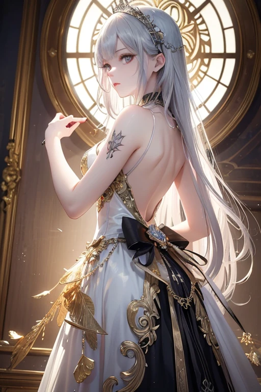 The upper part of the body、Look here、profile、8K、realphoto、超A high resolution, Master Parts, Best Quality, nffsw , cinematic images,Lovely girl、ann、16 only、Anglo-Saxon、二重まぶた、drooing eyes、Very big eyes、Eyes purple、Dark eye shadow、The lips are very thin、The tip of the nose stretches beautifully....................、the tip of the nose is small,,,,, ighly detailed , Silver hair、Straight short hair、ssmile、 Sweet look 、a very beautiful woman、legs are long、 Very clear shadows , jewely , A sexy , A detailed eye, very intricate, shiny skins , Perfect Brilliant, Perfect Lighting, Dramatic shadows、White tiara on head、Gold necklace around the neck、White aristocratic dress with gold embroidery、