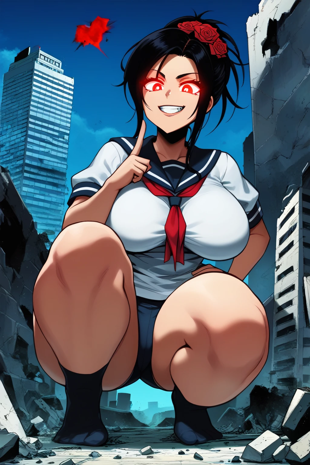 best quality, 8K, ultra-detailed, detailed face, detailed eyes, official art, retro anime style, cartoon style, front view, dynamic effect, dynamic shot, 

athletic curvy physique, inverted body type, attractive feminine curves, big breasts, curvy legs and arms, feminine curvy figure, (thick thighs, thick calves, thick voluptuous legs, big curvy hip, bare knees), ((style of plump voluptuous body)), 

navy over-the-calf socks, navy track buruma, white sailor uniform, white short-sleeved sailor shirt, high socks, 
black elegant hair, red glowing eyes, rose hair ornaments, 

1 beautiful giant woman, looking down with evil smile, (squatting, crouching, closing face to mini people, put one elbow on knee and put one hand on chin, gazing mini people around her feet, poking mini people with another index finger, size difference), rampage, corrupted city, destroyed buildings, corrupted buildings, rolling rubble dust up, her foot crushing mini people on the ground, crushed mini people under her foot, scattered rubble around her feet, towering, overwhelming, terrible, stepping, footprints, destruction, ruins, explosion, looming,  drooling from open mouth, teeth, 

giga size, dqdebora, black hair, hair rose, multiple hair flowers, gesugao, parted lips, evil smile, half closed eye, 