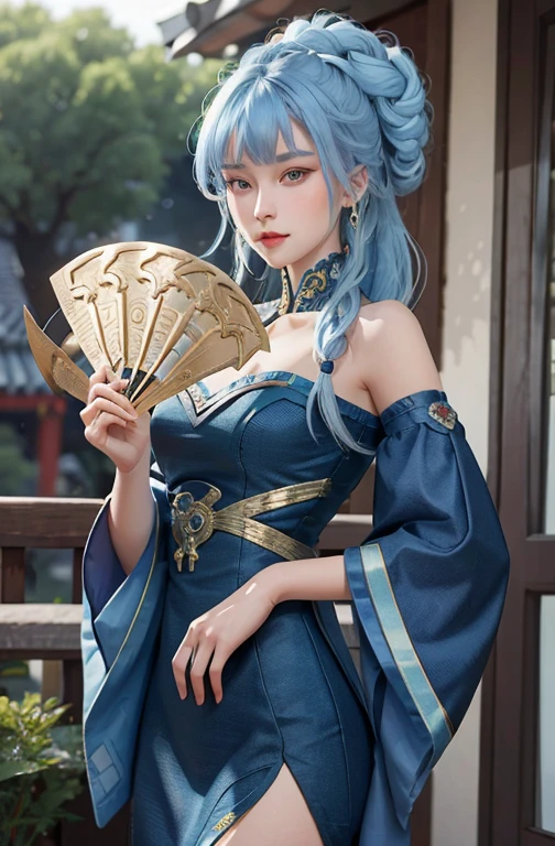 ((beautiful face)), extremely delicate facial,(best quality),(extremely detailed cg 8k wallpaper), masterpiece, an extremely del-0000((big breasts)), 1girl, solo, long hair, looking at viewer, hair ornament, dress, holding, bare shoulders, closed mouth, blue hair, yellow eyes, braid, artist name, covered navel, blue dress, chinese clothes, china dress, hand fan, folding fan, light blue hair, holding fan, Jordyn Huitema, (masterpiece,best quality:1.5), (masterpiece,best quality:1.5), Hold the fan with the right hand, the left hand does not hold the fan, Chinese imperial palace, feudal China, wooden castle, lake, (lantern), sparkling, (masterpiece,best quality:1.5), (masterpiece,best quality:1.5)