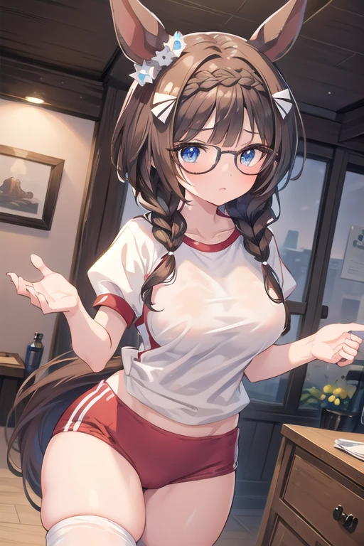 Beautiful illustrations、(masterpiece、Best Quality、8k ), (Beautiful details), Highly detailed face, Perfect lighting, Highly detailed CG, (Perfect hands, Perfect Anatomy), One cute girl,girl, Cute Face, Black Hair,Horse tail, Animal ear side braids,Glasses、Big Boobs、thin,  Thighs、 (gym uniform,red brown, white shirt, short sleeves, thighs:1.3),Idol Pose、