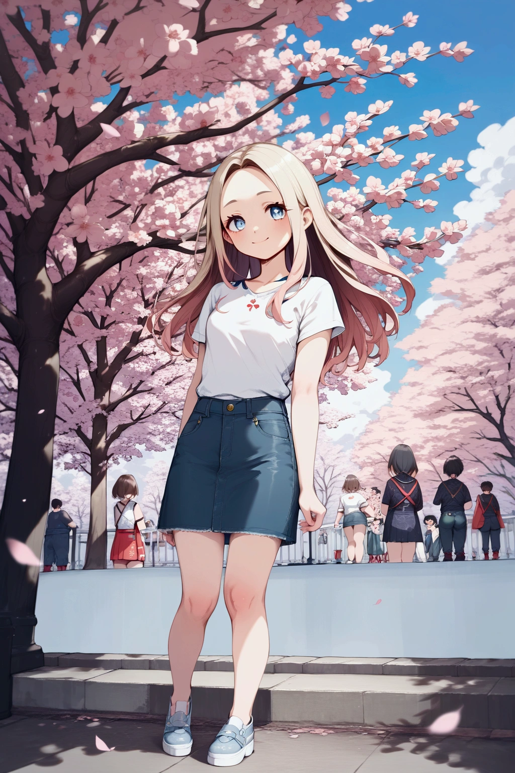 score_9, score_8_up, score_7_up, score_6_up, score_5_up, score_4_up, source_anime,  adorable young woman, smiling under cherry blossom tree,  cherry blossom blooming, she is in black long hair (+forehead, light-brown gradient hair), wears white short sleeve t-shirt, blue denim pencil mini skirt, (1girl, solo, full body), ((masterpiece:1.2), (best quality:1.2), (very aesthetic:1.2), (absurdres:1.2), (detailed background), intricate details, newest), other persons on background are vrious outfit