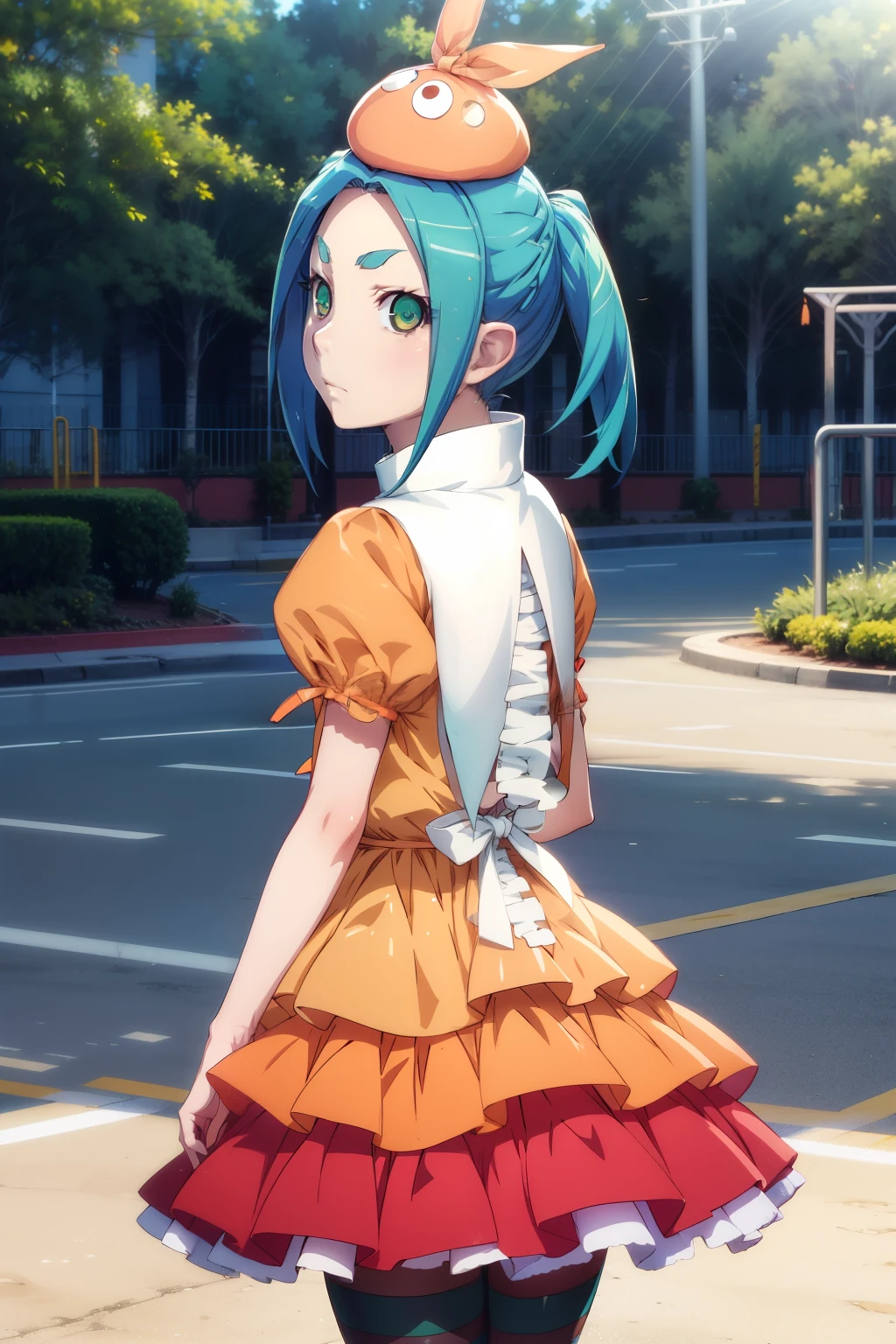 masterpiece、Best Quality、High resolution、Detailed face、((anime、anime塗り、animeカラーリング、RAW Photos、Bakemonogatari、official))、 1girl, Alone, looking at viewer, ononokiyotsugi, aqua hair, short hair, green eyes, twintails, thick eyebrows, striped pantyhose, blue and gray pantyhose, dress, orange dress, white turtle neck collar, white frills, hat, puffy sleeves, short sleeves,Alone, park, playground, close up, , expressionless, closed mouth,Looking back