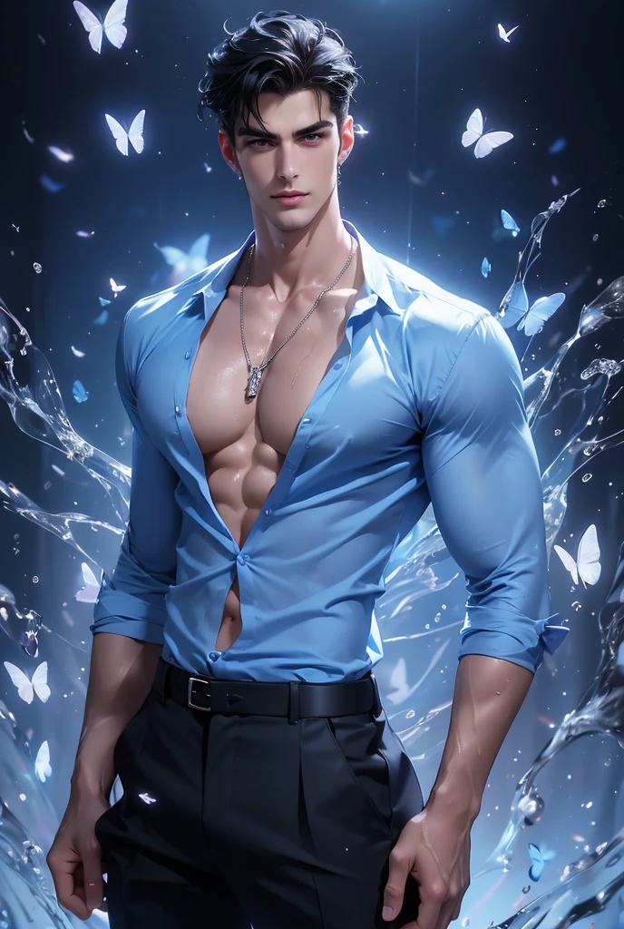 (absurdres, highres, ultra detailed), a tall handsome muscular young man, solo, beautiful detailed eyes, beautiful detailed lips, extremely detailed eyes and face, smooth skin, a hot glow in his skin, perfect body, large chest, extremely large breasts, big nipples, sexy gaze, looking at the viewer romantically, sexy expression, sexy posture, short hairstyle, ((wearing (sapphire blue color exquisite shirt) and black pants, jewellery, necklace), (open shirt showcasing chest and abs)),  beautiful, gorgeous, wet, sensual, alluring, erotic, mature, butterflies on his body, butterflies flying through the air, gradient background, Sparkle & Sequin Backdrops, vibrant colours, breathtaking grandeur, model pose, colorful, artistic, focus on his calm facial features, elegant look, full length portrait,