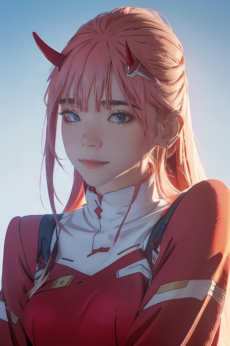 sambanekostyle, masterpiece, best quality, very aesthetic, absurdres, simple background,
zero two \(darling in the franxx\),  1, mature female, (adult:1.4), red little horns, solo, rock, moon,close up, from above, 
