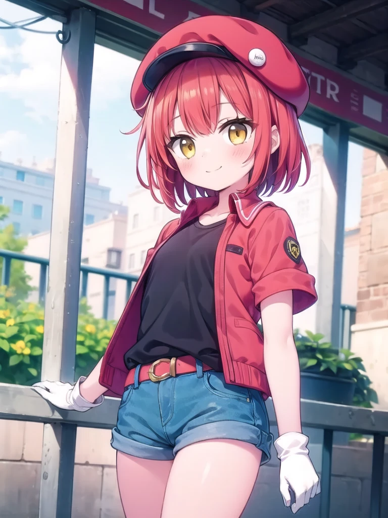 1girl, solo, masterpiece, best quality, perfect hands, smile, blush, closed mouth, AE3803, red hat, red hair, short hair, yellow eyes, red jacket, black shirt, inner shirt, short sleeves, short shorts, cowboy shot, bare legs, blue shorts, denim shorts, collared jacket, white gloves, roll up sleeves