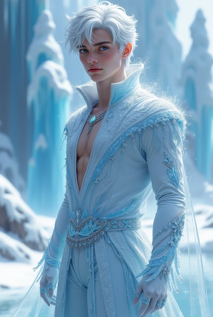 1boys，Young men，Male，superdetailed，Wallpapers，Hi-Def，optimal quality，（Ice and snow），Photorealistic photorealism，light particules，volumettic light，Photorealistic rendering，crystal shards，Ice and snow，Hair made of crystals，Land of gems，Transparent hair，White tulle，Gauze clothes，Flowing clothes