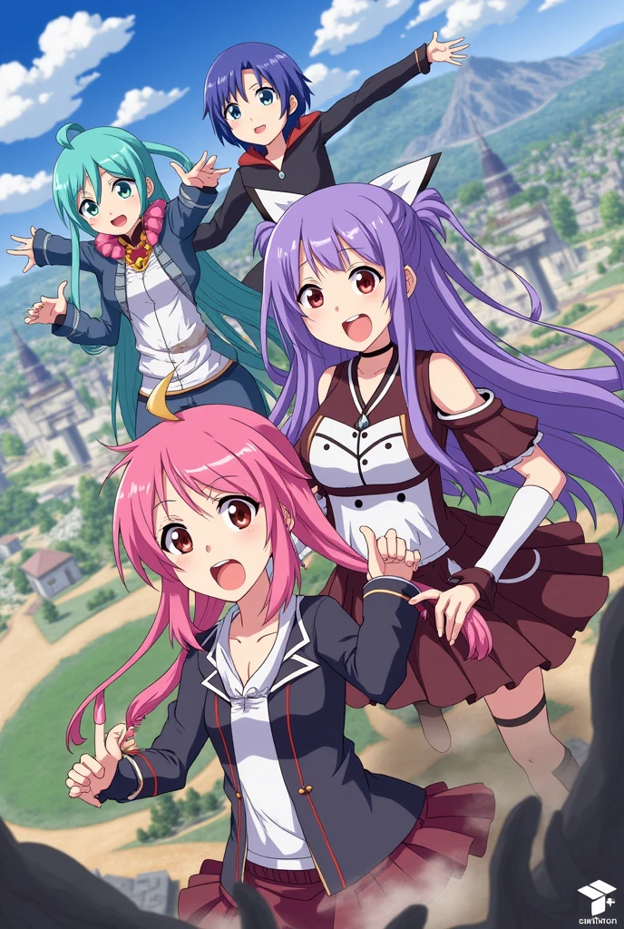 Group of anime rangers posing with a colorful pink and blue explosion behind them