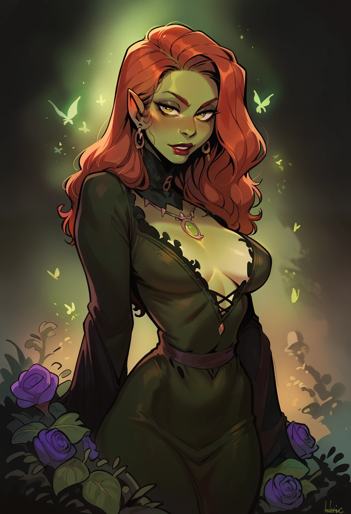 Create an image of a red-haired witch, sexy, green dress, surrounded by many herbs and nature, neutral background