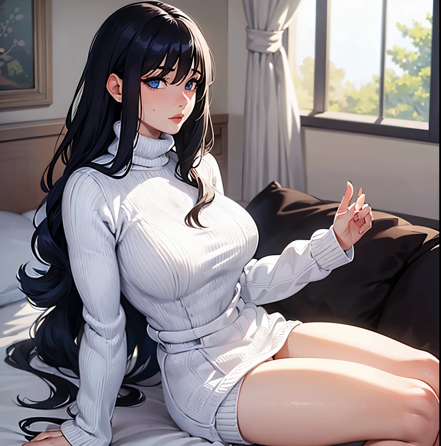 mature girl sitting in bed, large pleading blue eyes, long black wavy hair, (full lips: 1.2), (white long-sleeved turtleneck sweater: 1.2), naked from the waist down