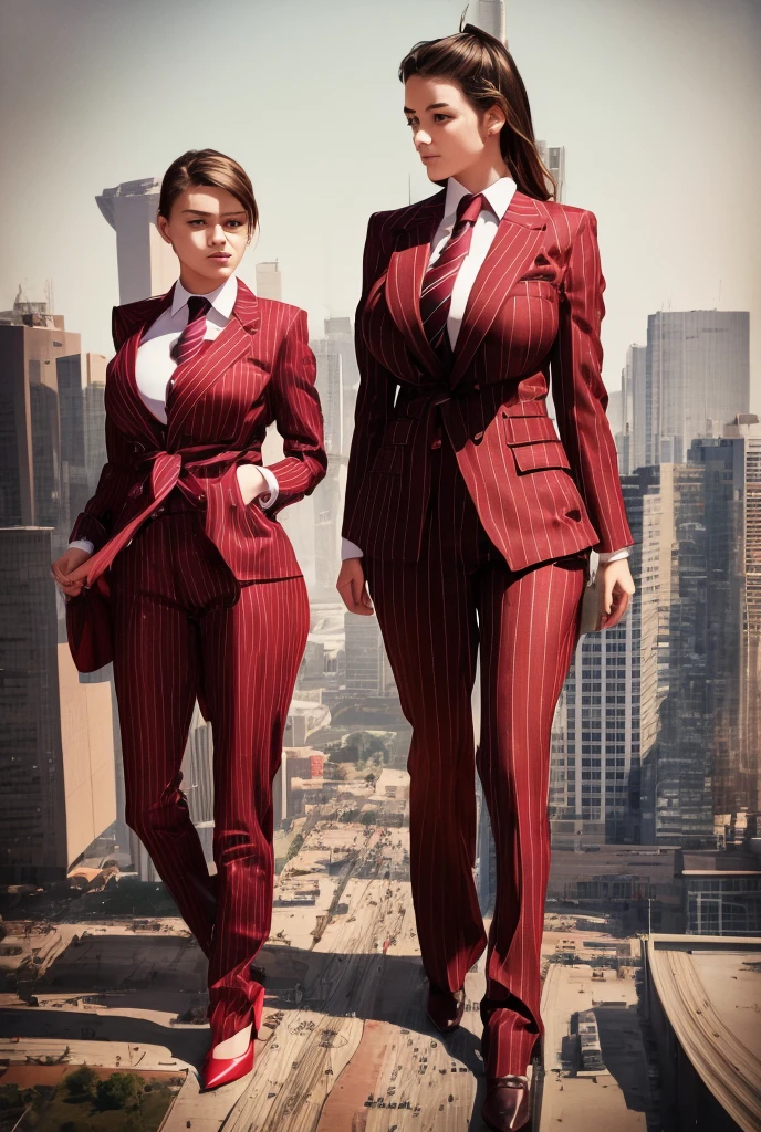 A young mother and her two daughters aged 18 and 20 each taller than 7 foot all wearing red pinstriped trouser suits, white shirts heels and a larger paisley necktie. Large breast giantess art tiny city