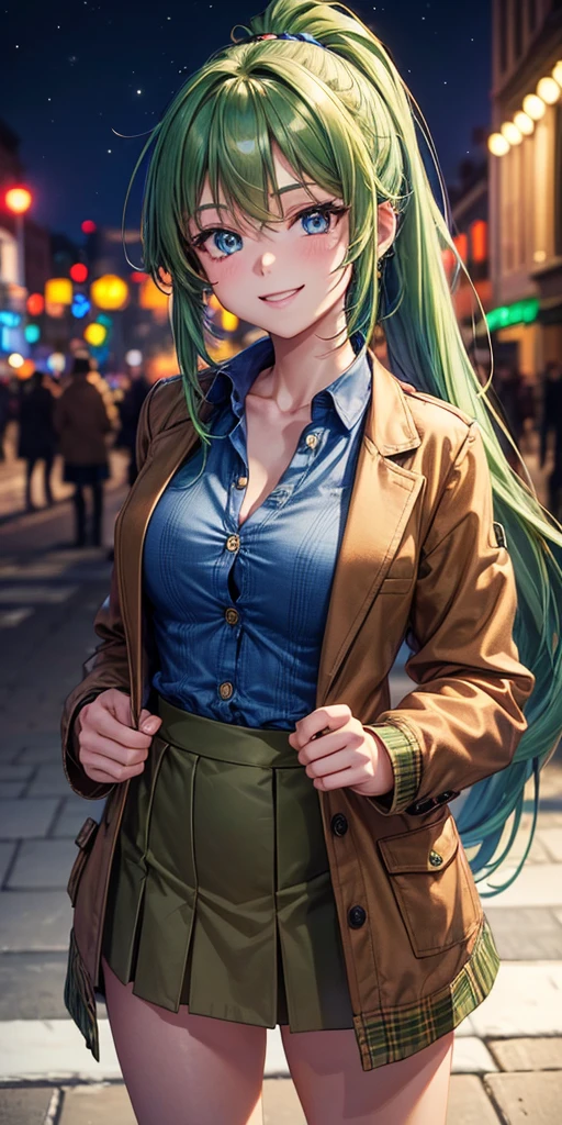 1girl, solo, full body, christmas, christmas tree, street, night, lights, giving gift, long hair, green hair, ponytail, large breasts, button down, cleavage, ((opened brown short jacket)), dark blue eyes, ((blue shirt)), checked shirt, ((long skirt)), smile, looking at the viewer, standing
