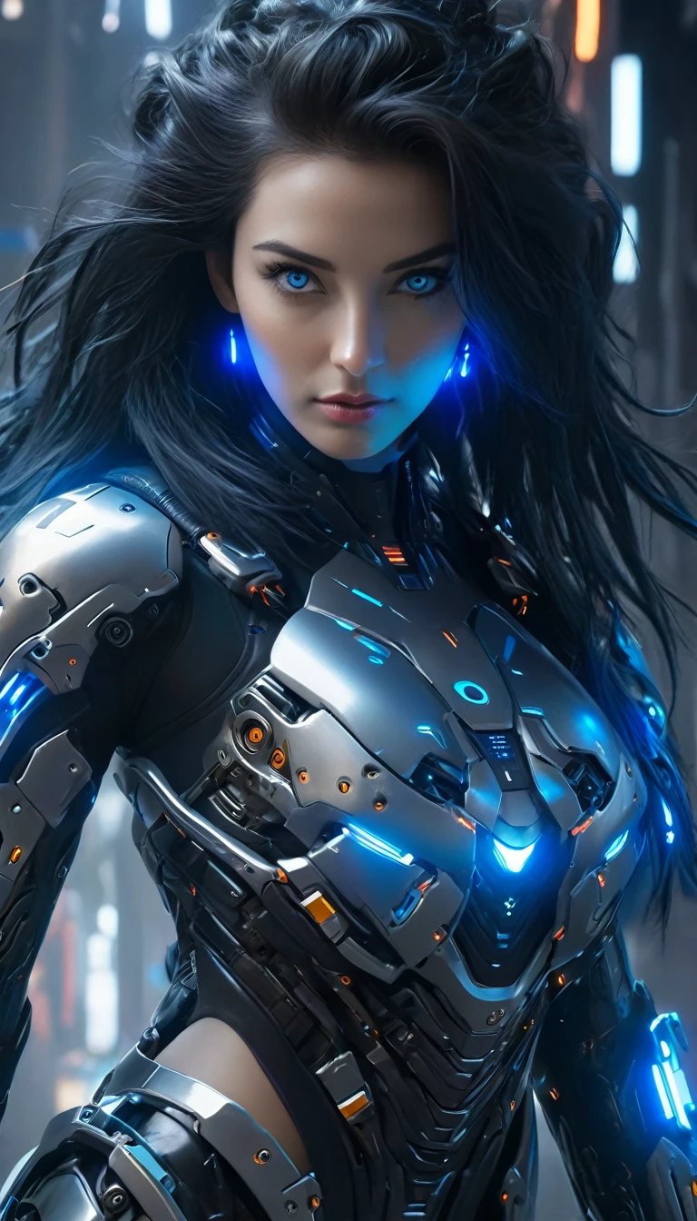 (Best Quality, 4K, 8k, High resolution, masterpiece: 1.2), (Very detailed, Realistic, Realistic:1.37), Futuristic衣装を着た女性, A woman wearing exoskeleton cyber armor, The armor fits snugly、((She has a plasma gun in her hand)), Full body photo, Maximum details, Superior quality through precise drawings, 8k,chest, blue eyes, High resolution, 超High resolution, Best Quality, Shortcuts, Big chest, Cinematic Lighting Effects, Futuristic, 美しいBlack Hairの女性, blue eyes, Cyberpunk style woman, ((Inside a high-tech spaceship)), High quality images、Black Hair, Shortcuts,