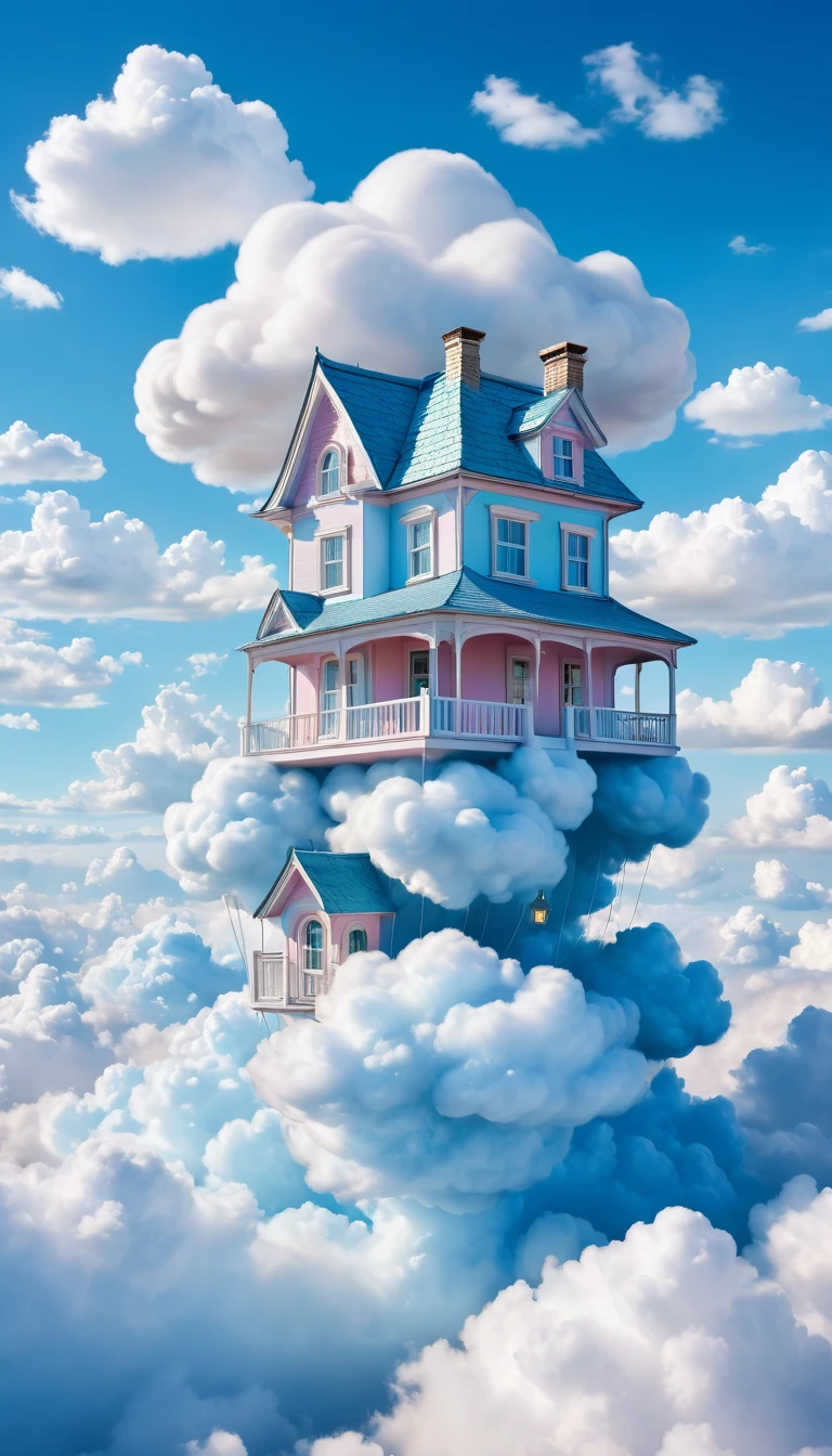  "A whimsical house made entirely of clouds, with soft, billowing walls and fluffy cloud furniture. The house is floating in a bright blue sky with a few smaller cloud formations nearby. The style is dreamy and surreal, with a soft, pastel color palette."