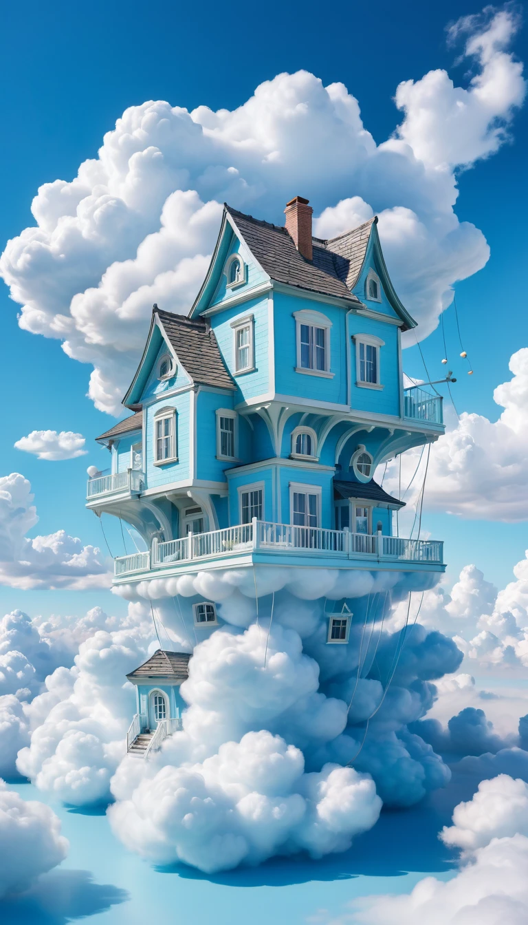  "A whimsical house made entirely of clouds, with soft, billowing walls and fluffy cloud furniture. The house is floating in a bright blue sky with a few smaller cloud formations nearby. The style is dreamy and surreal, with a soft, pastel color palette."