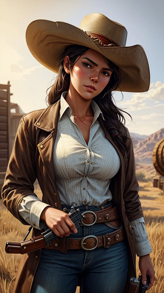 a close up of a woman dressed as a cowboy holding a gun, estilo de arte red dead redemption, oldwest, Wild West, post - cowgirl, in the old west, artgerm and atey ghailan, Western Gunslinger, Alena Aenami e Artgerm, work of art