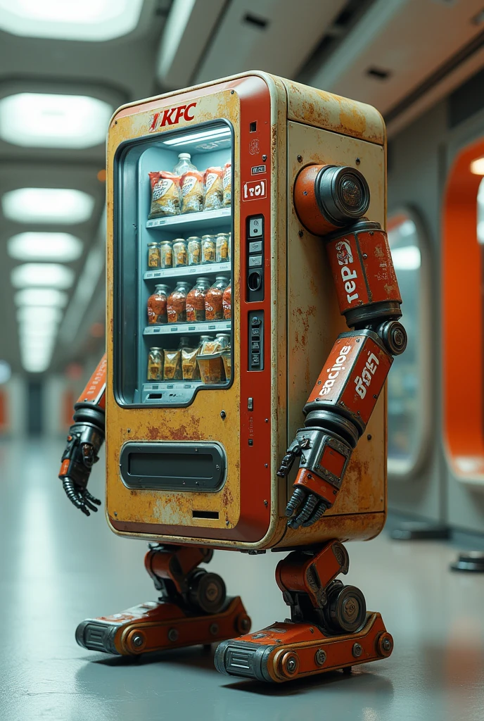 A vending machine has two arms and two legs , robot ,Antique ,Pepsi，Space Station