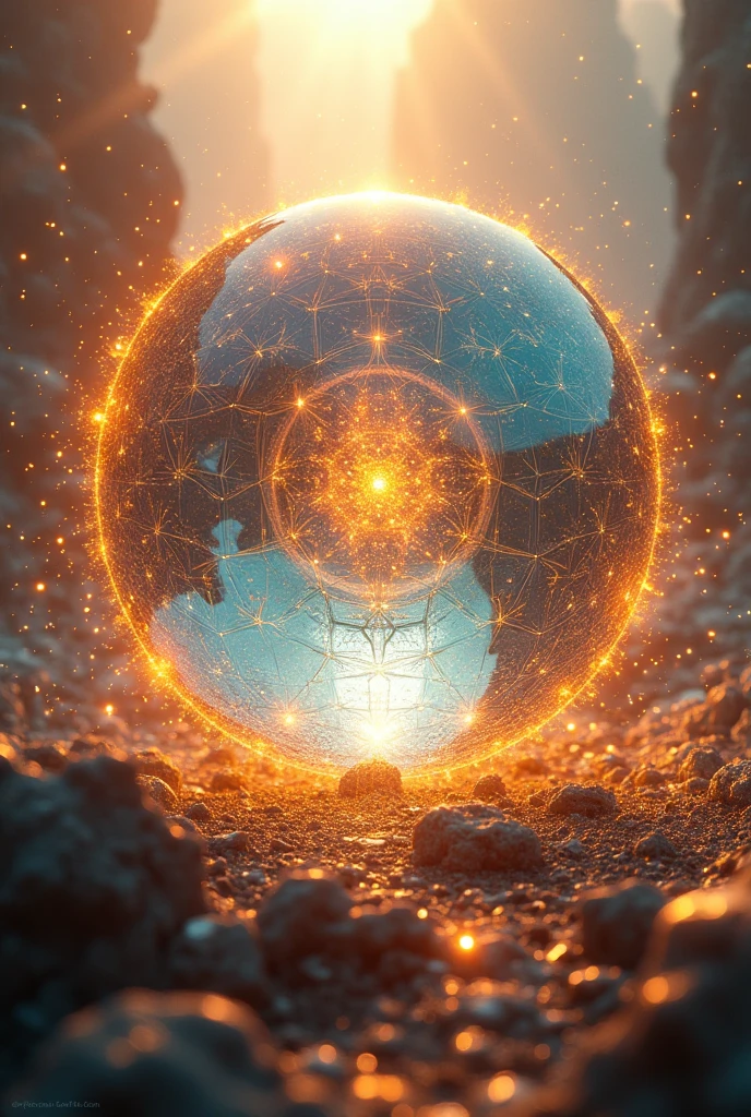 (best quality,high resolution:1.2), vision, huge sphere, there are crystals inside, golden nanoswarms flying around,actual,Detailed crystal structure,Brilliant gold reflected in the sun,Various colors、dazzled,Sci-fi inspiration,spectacular lights,Colorful flashing,Nanotechnology,3D rendering,Meticulous attention to detail,bright colors,Mesmerizing composition,Impressive scale,Alpha channel transparency,photoactual rendering,highly actual futuristic concept,Illuminated scene,Clear depth perception,grandeur and majesty,otherworldly atmosphere,Impressive scale,high ,Sharp details.