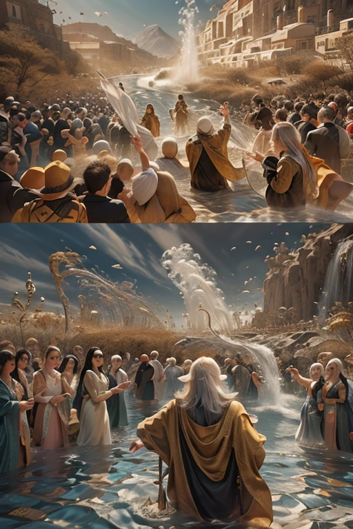 "(masterpiece: 1.2), 8K UHD resolution, Moses Parting the Sea，After being pursued, he escaped and led his people to the other side of the river.，Bible、myth，The Ten Commandments of Moses，He has a walking stick in his hand
